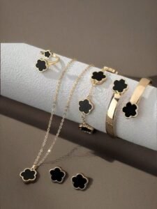 6pcs/Set Necklace, Bracelet, Earrings, Ring, Lucky Flower Necklace, Gold Earrings, Gold Ring, Gold Necklace, Gold Bracelet, Gold Bangle, Girl Jewelry Set, Suitable For Back To School, Party, Holiday