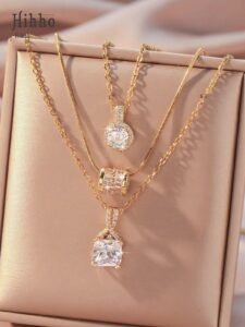 Hihho 3pcs Geometric Shape Necklace Set With Inlay, Creative Pendant Design, Luxury Jewelry Gift For Women