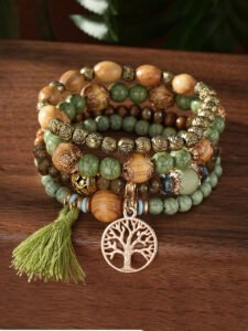 4pcs/Set Bohemian Style Tassel Tree Of Life Pendant Multi-Layer Wooden Bead Necklace Bracelet