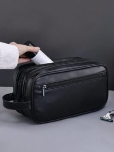 1pc Men's Multifunction Waterproof Travel Black PU Leather Double Layer Toiletry Bag - Spacious & Durable Shaving Bag With Large Capacity - Ideal For Grooming & Hygiene Essentials, Business Trips & Vacations Toiletry Bags Summer Travel Essentials For Beach Vacation Holiday School Supplies Dorm Essentials Back To School Bag For School Wash Bag Waterproof Toiletry Bag