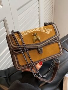 Letter Embroidery Square Bag Metal Decor Colorblock Fashionable Chain Strap