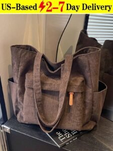 Large Capacity Corduroy Tote Bag For Women,Shoulder Satchel Daypack For Outdoor Travel Commuting Work Lightweight, Portable, Suitable For Teen Girls Women College Students, Perfect For Back To School, College, Middle School, High School, New Autumn And Winter Women Bag, | Spacious Vintage Tote Holds IPad Pro, Tablet, Books, Lunch | Multiple Pockets: 2 Side Pockets (For Umbrella/Bottle), Front Zipper Pocket (Fits IPad Mini) | Commuter Work Bag | [US Local Warehouse] | Fast 2-7 Day Delivery | Colors: Black, White, Coffee Brown