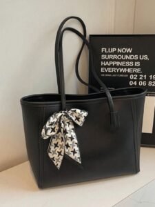 Fashion Solid Color PU Tote Bag With Scarf, Large Capacity Vintage Minimalist Casual Shoulder Bag, Versatile Handbag For Women, Eye-Catching Work Bags For Women, Fashionable Bow Purse For Women, Tote Bags For School,College Essentials