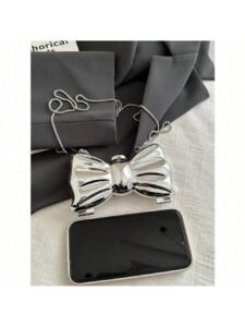 Women's Multifunctional Clutch: Features A Shiny Silver Bow On Acrylic Electroplated Metal With Chain. Perfectly Stores Lipstick, Jewelry & Cosmetics. An Elegant Gift For Dates & Holidays.