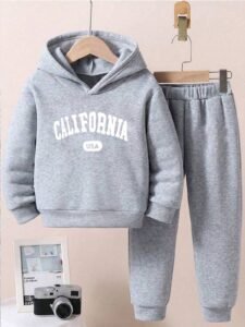 2pcs/Set Tween Boy Casual Letter Print Fleece Hoodie Sweatshirt And Pants, Dark Heather