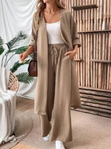 EMERY ROSE Women's Loose Linen Long Coat And Wide Leg Pants Casual 2pcs Set, Autumn Fall Cloth For Women