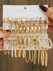 48-12pcs Vintage Punk Style Metal Earring Set For Women, Fashion Faux Pearl Drop Hoop Earrings, Hollow Square Jewelry Set, Ideal Gift For Friends & Family, Suitable For Daily Wear And Party