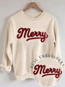 INAWLY Autumn/Winter Merry Embroidery Drop Shoulder Casual Sweatshirt, Happy, Joyful Embroidery Sportwear, Happy Chenille Yarn Sportswear, Christian Gift Customized Personalized Autumn Sweatshirt, Fashionable Autumn/Winter Sweatshirt Gift, Christmas