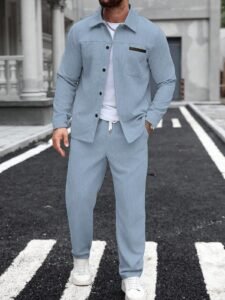 Manfinity Homme Men's Pocket Corduroy Shirt & Elasticated Waistband Pants Casual Suit Men 2 Pieces Leisure Suits Dusty Blue Suits For Men Baby Blue Men Outfit Men Dressy Set, For Winter