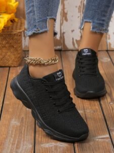 Women's Outdoor Sports Shoes With Striped Floral Lace-Up Soft Fabric, Anti-Slip Lightweight Running Sneakers