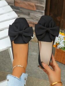 Women's Bow Square Toe Wide Fit Ballerina Flats, Comfortable Slip-On Loafers, Elegant For Spring/Summer Everyday, Office, Commuting, Black Wide Width Shoes