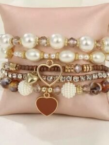 5pcs Pearl & Crystal Beaded Bracelets, Fashion Multilayer Wrist Bracelet Set For Women
