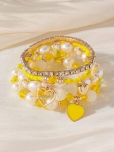 5pcs/Set Pearl & Crystal Bead Bracelets, Stylish Layered Bracelet Set For Women