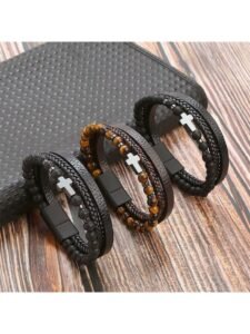 Leather Cross & Beads Decor Black Obsidian Bracelet