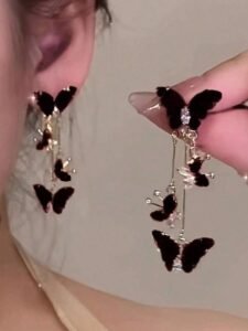 1 Pair Of Chic Black Butterfly Long Tassel Earrings, Versatile For Everyday Wear