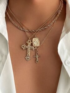 4pcs Vintage Chic Geometric Metal Cross Pendant Necklace Set, Multilayer Charm Necklaces For Men