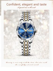 POEDAGAR 1pc Women's Blue Stainless Steel Elegant Quartz Watches With Waterproof Luminous, Date Week Display Function, Fashion Woman Wristwatch Suitable For Daily Occasions, Ladies Holiday Gifts