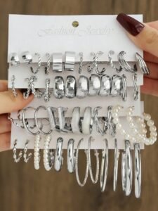 48-12pcs Vintage Punk Style Metal Earring Set For Women, Fashion Faux Pearl Drop Hoop Earrings, Hollow Square Jewelry Set, Ideal Gift For Friends & Family, Suitable For Daily Wear And Party