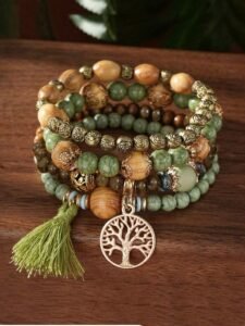 4pcs/Set Bohemian Style Tassel Life Tree Pendant Multi-Layer Wooden Bead Chain Bracelet