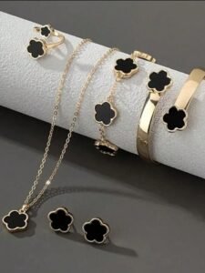 6pcs/Set Necklace, Bracelet, Earrings, Ring, Lucky Flower Necklace, Gold Earrings, Gold Ring, Gold Necklace, Gold Bracelet, Gold Bangle, Girl Jewelry Set, Suitable For Back To School, Party, Holiday