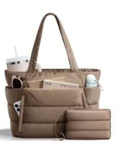 Puffer Tote Bag For Women, Lightweight Puffy Work Handbag Teacher Nurse Quilted Shoulder Bag For School Travel Gym