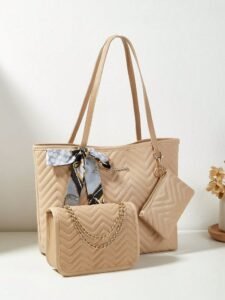 3pcs/Set Women Scarf, Tote Bag, Chain Shoulder Bag, Coin Purse Combo, Quilted Bag, School Supplies, School Bag, School Handbag, School Bag Set, School Tote Bag, School Bookbag, Back To School Bags, Large Capacity, Waterproof, Lightweight, Portable, Business Casual, White-Collar Workers, Work , Business, Commute, Holiday, Cream Bag