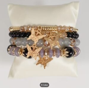 A Set of Four Vintage Bohemian Artificial Crystal Glass CCB Zinc Alloy Butterfly Pendant Layered Beaded Bracelets, Suitable for Women to Wear on a Daily Basis, During Vacations, Weddings, Parties, Celebrations, Christmas, Valentine'S Day