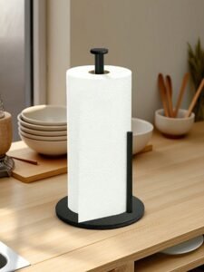 1Pc Silver Stainless Steel Kitchen Paper Towel Holder | Countertop & Wall Mounted Roll Dispenser | Heavy Duty Kitchen Tissue Organizer with Weighted Base