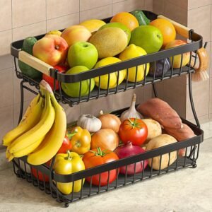2-Tier Large Fruit Basket for Kitchen Counter with Banana Hangers – Detachable Metal Storage Organizer (2026 Pro Edition)