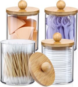 4 Pack Qtip Holder Set with Bamboo Lids | 10oz Clear Bathroom Storage Jars | Cotton Swab, Pad & Ball Organizer for Vanity & Bathroom Decor