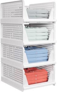 4-Pack Stackable Closet Storage Baskets | Foldable Pull-Out Drawer Organizer for Clothes, Toys & Accessories | Space-Saving Wardrobe Storage Bins (White)
