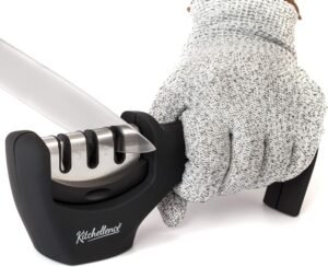 4-in-1 Kitchen Knife Sharpener Set with Cut-Resistant Glove – Repair, Restore & Polish Blades (Black)
