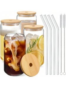 4PCS Glass Cups with Bamboo Lids & Straws 16oz | Reusable Clear Iced Coffee Cups Set | Glass Tumblers for Beer, Juice, Tea & Latte