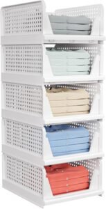 5-Pack Stackable Closet Storage Baskets | Foldable Pull-Out Drawer Organizer for Clothes, Shoes & Accessories | Space-Saving Wardrobe Storage Bins (White)