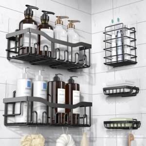 5-Piece Adhesive Shower Caddy Organizer Set | Rustproof Stainless Steel Bathroom Shelves with Soap & Toothbrush Holders | No-Drill Wall Storage Rack, Black