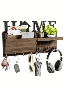 7-Hook Wall Mounted Key Holder – Wooden Entryway Organizer with Mail Storage Rack, Rustic Home Storage Rack with Hooks for Entry, Kitchen & Office