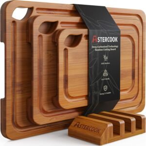 Astercook Deep-Carbonized Bamboo Cutting Board Set with Storage Stand