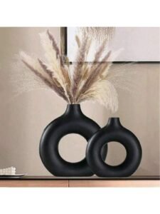 Black Round Plastic Decorative Vase – Minimalist Artificial Flower Vase for Living Room, Tabletop & Home Décor