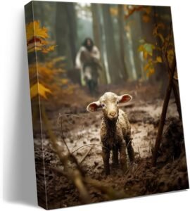 Christian Religious Wall Art | Jesus and Lost Lamb Canvas Painting for Home and Prayer Room Decor