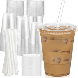 Dealusy 100-Pack 16 oz Clear Disposable Cups – With Lids & Straws