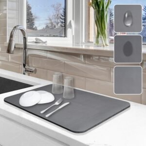 Dish Drying Mat for Kitchen Counter – 12" x 19" Absorbent Drying Pad with Non-Slip Back (Grey)