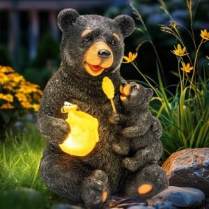 GIGALUMI Solar Garden Bear Statues – 9" Outdoor Decorative Figurine Lights
