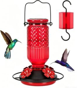 Glass Hummingbird Feeder for Outdoors – 16 oz Hanging Nectar Feeder with Bee Guards & Ant Moat (Red)
