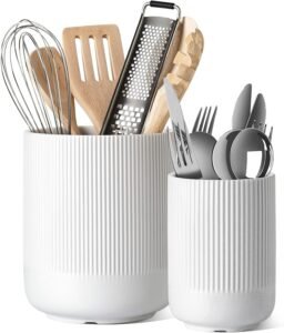LE TAUCI 2-Piece Ceramic Utensil Holder Set – Fluted Kitchen Counter Organizer (White)