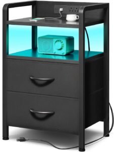 LED Nightstand with Charging Station | Bedside Table with USB Ports, AC Outlets & 2 Drawers | Modern End Table with LED Light Strip