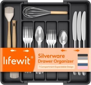 Lifewit Expandable Silverware Organizer | Adjustable Kitchen Drawer Utensil Tray (8.5–14.1”) BPA-Free Plastic Cutlery Holder | 7-Compartment Flatware Storage (Black)