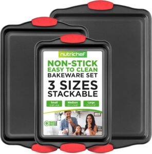 NutriChef 3-Piece Nonstick Baking Pan Set – Premium Steel Oven Bakeware with Silicone Handles (NCSBS3S)