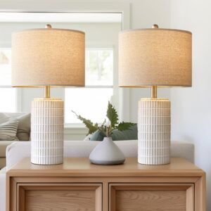PoKat 23" Modern Ceramic Table Lamp Set of 2 | Farmhouse Bedside Nightstand Lamps | White & Beige Desk Lamps for Bedroom, Living Room & Home Décor