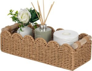 Scalloped Paper Rope Storage Basket with Wooden Handles | Decorative Toilet Paper & Shelf Organizer for Bathroom, Bedroom & Living Room