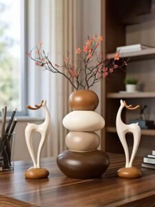 Stacked Stone Deer Sculpture Set with Geometric Vase – Modern Resin Table Decor for Home & Office | Elegant Desktop Decoration & Gift Item